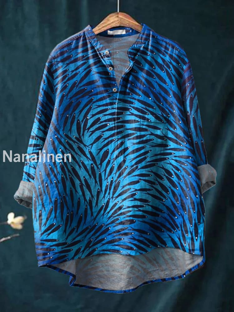 Retro Artistic Fish Print Casual Long Sleeve Comfortable Cotton Shirt A / S