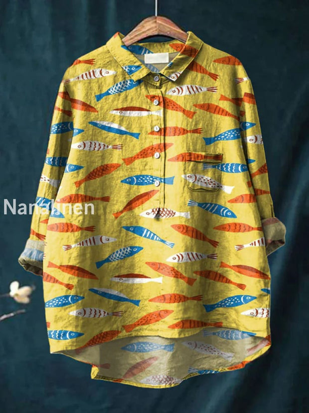 Retro Artistic Fish Print Casual Long Sleeve Comfortable Cotton Shirt A / S