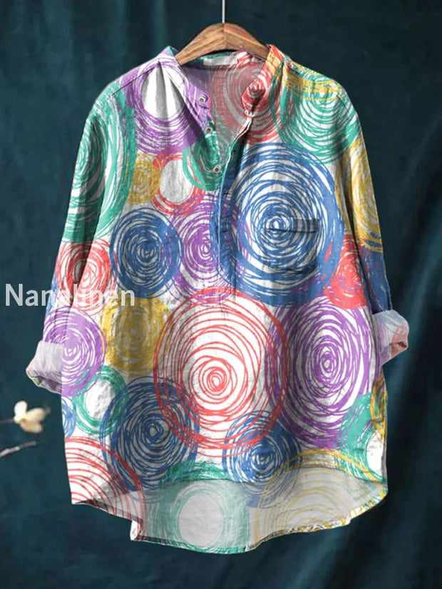 Retro Artistic Illustration Print Casual Long Sleeve Comfortable Cotton Shirt A / S