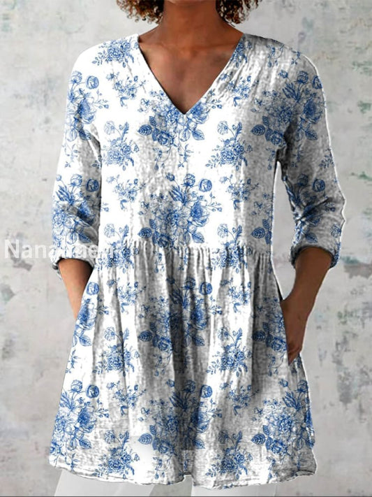 Retro Bohemian Floral Print Vintage Casual Cotton V Neck Long Sleeve T-Shirt A / S