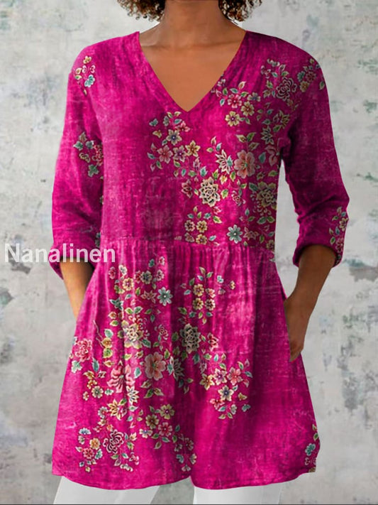 Retro Bohemian Floral Print Vintage Casual Cotton V Neck Long Sleeve T-Shirt A / S