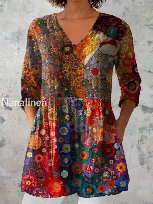 Retro Bohemian Floral Print Vintage Casual Cotton V Neck Long Sleeve T-Shirt A / S