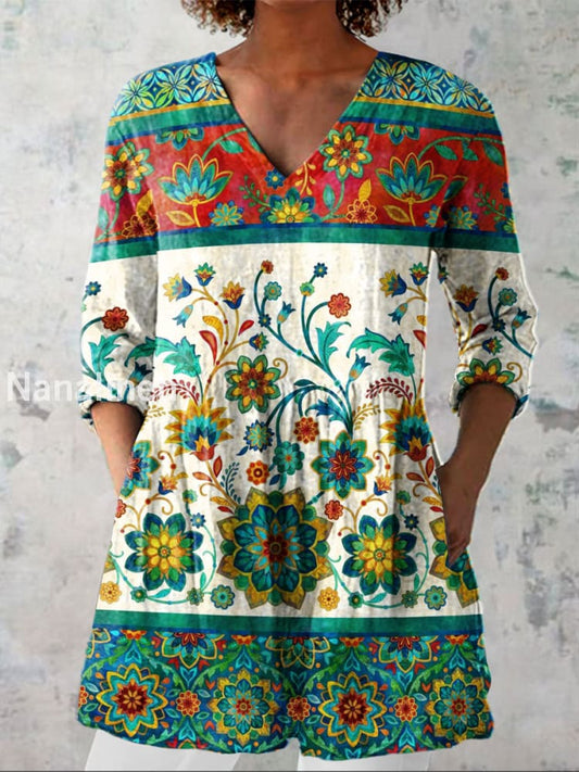 Retro Bohemian Floral Print Vintage Casual Cotton V Neck Long Sleeve T-Shirt A / S