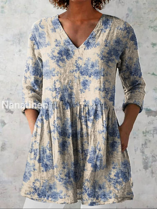 Retro Bohemian Floral Print Vintage Casual Cotton V Neck Long Sleeve T-Shirt A / S