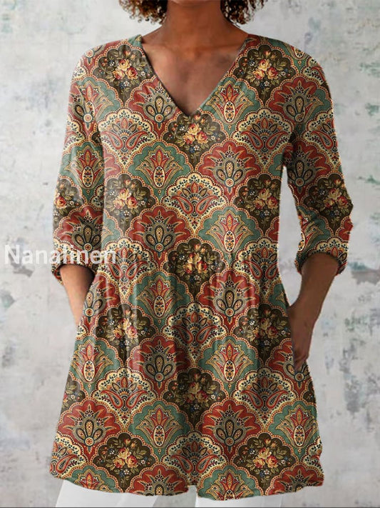 Retro Bohemian Floral Print Vintage Casual Cotton V Neck Long Sleeve T-Shirt A / S