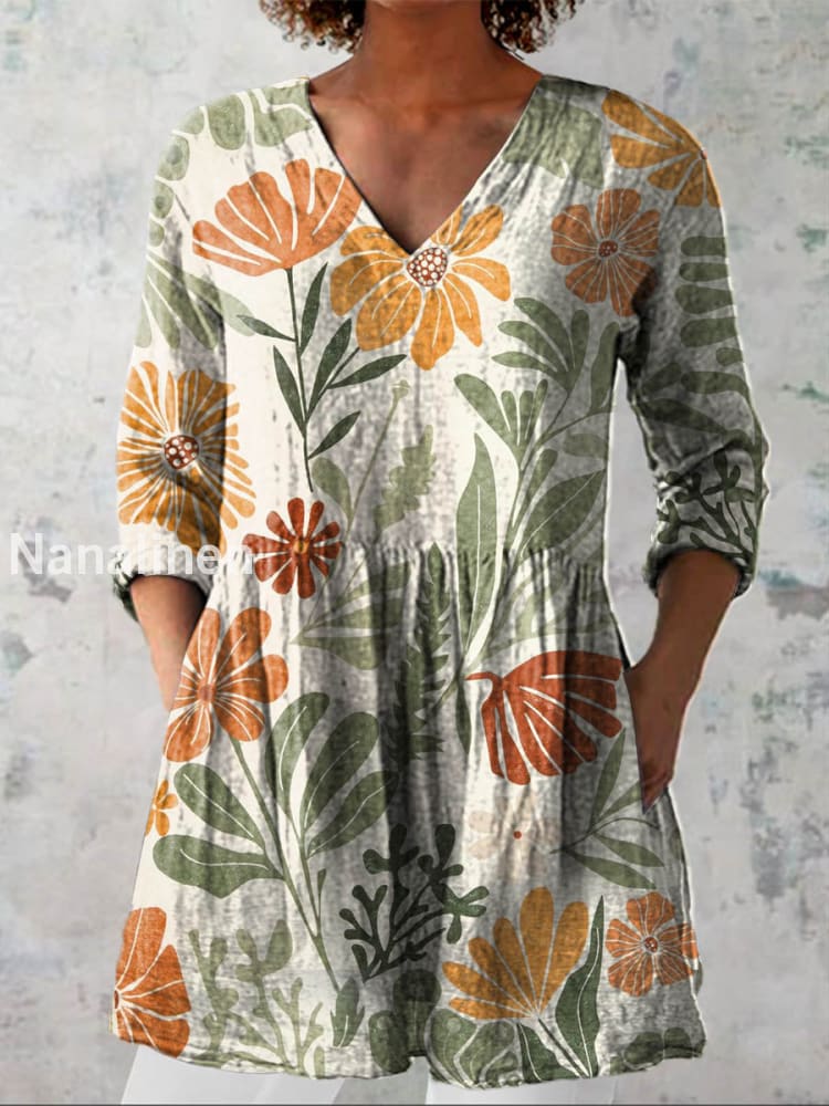 Retro Bohemian Floral Print Vintage Casual Cotton V Neck Long Sleeve T-Shirt A / S