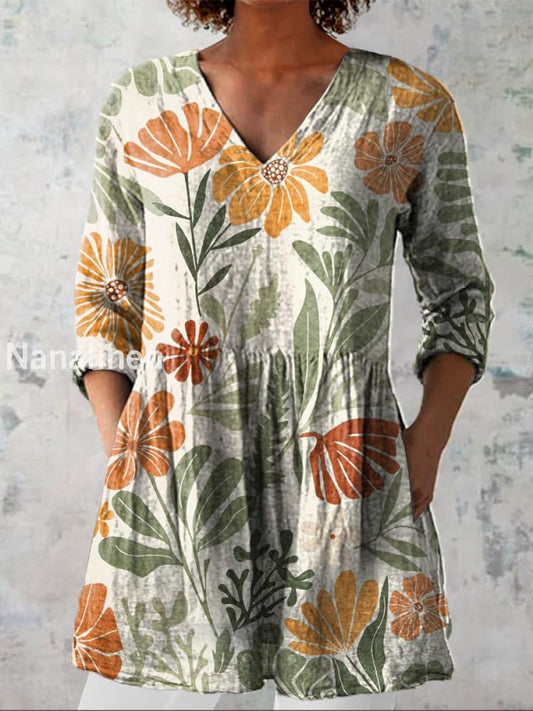 Retro Bohemian Floral Print Vintage Casual Cotton V Neck Long Sleeve T-Shirt A / S