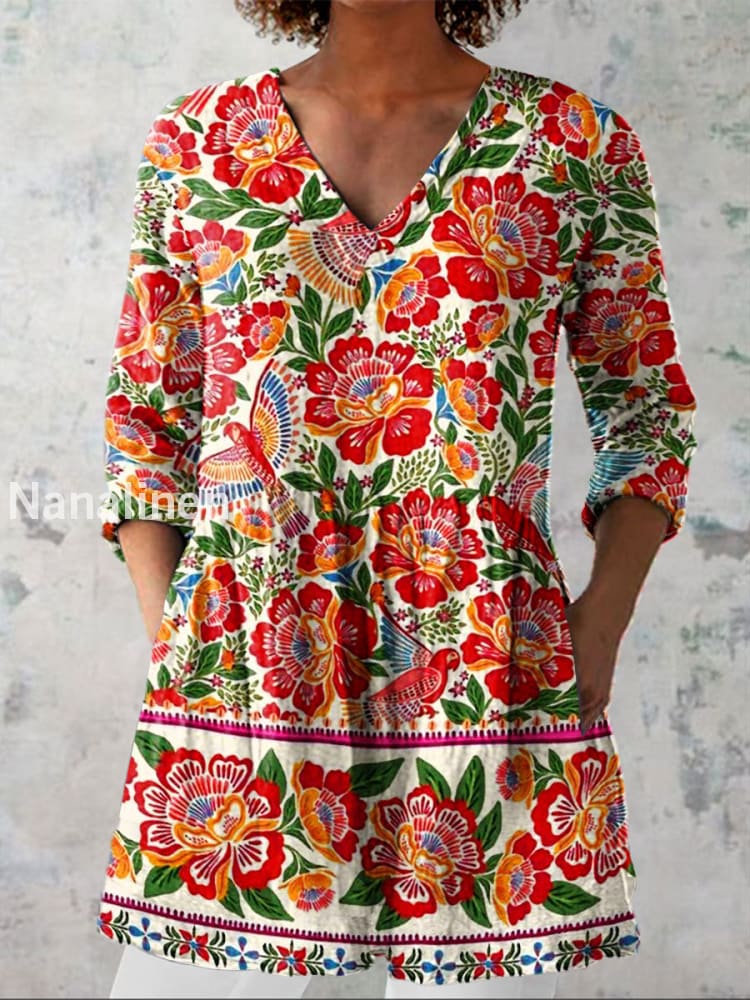 Retro Bohemian Floral Print Vintage Casual Cotton V Neck Long Sleeve T-Shirt A / S