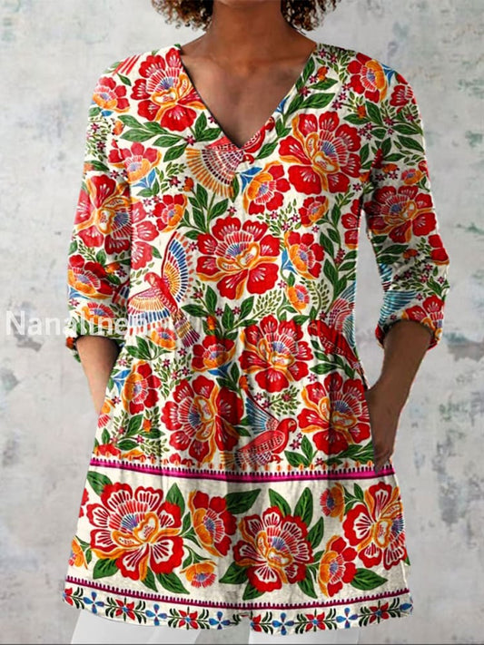 Retro Bohemian Floral Print Vintage Casual Cotton V Neck Long Sleeve T-Shirt A / S