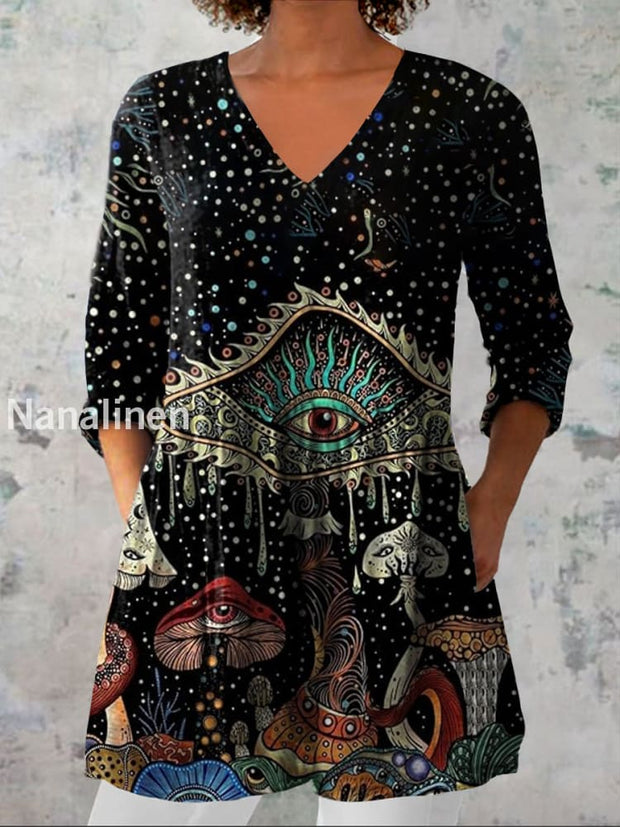 Retro Bohemian Hippie Mushrooms Print Vintage Casual Cotton V Neck Long Sleeve T-Shirt A / S