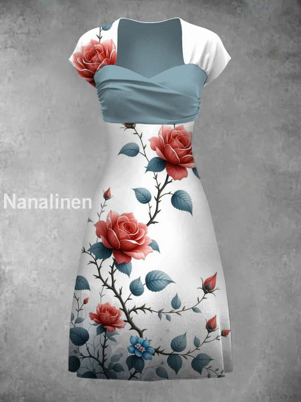 Retro Bohemian Style Art Print Elegant Chic Short-Sleeved Temperament Dress A / S