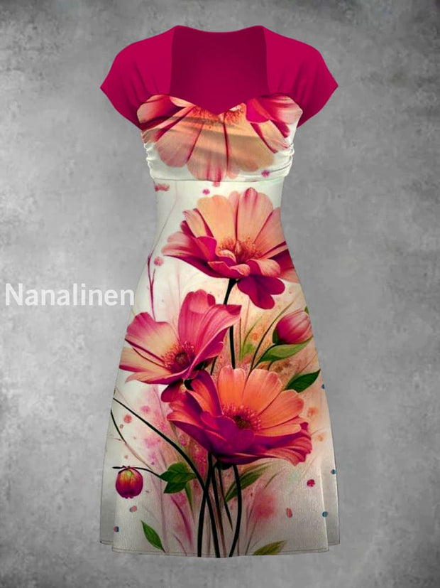 Retro Bohemian Style Art Print Elegant Chic Short-Sleeved Temperament Dress A / S