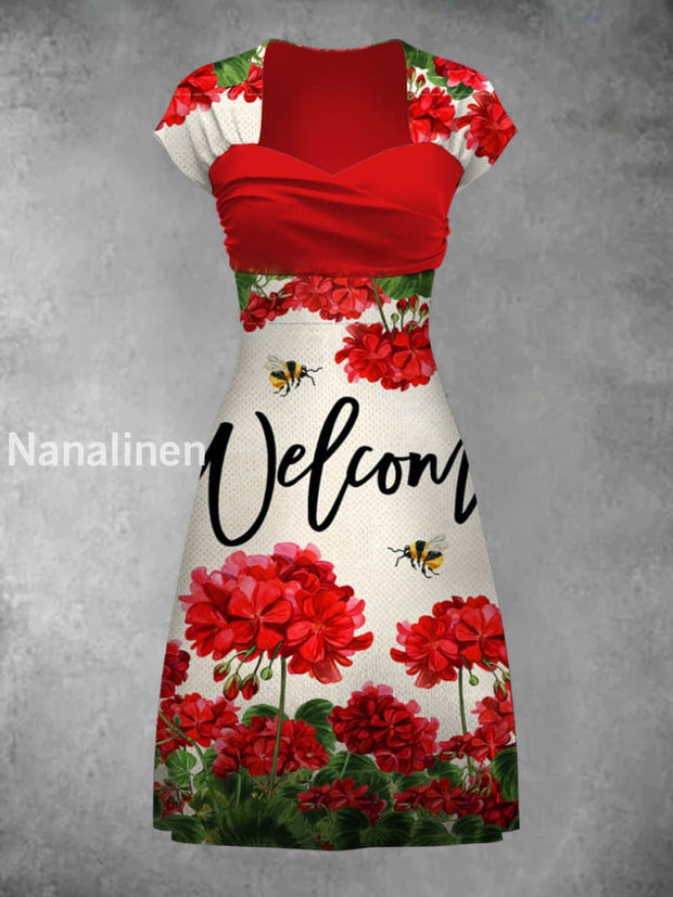 Retro Bohemian Style Art Print Elegant Chic Short-Sleeved Temperament Dress A / S