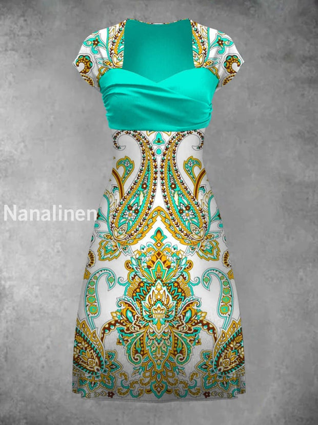 Retro Bohemian Style Art Print Elegant Chic Short-Sleeved Temperament Dress A / S