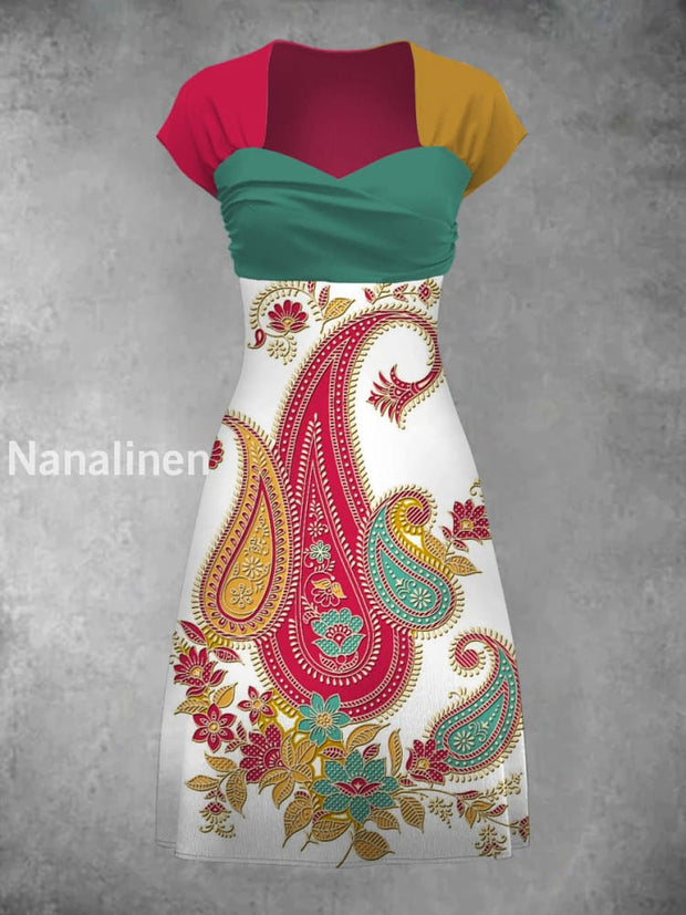 Retro Bohemian Style Art Print Elegant Chic Short-Sleeved Temperament Dress A / S