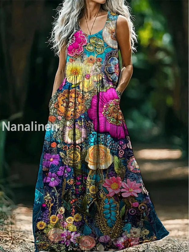 Retro Boho Floral Art Print Round Neck Sleeveless Cotton Pocket Dress A / S