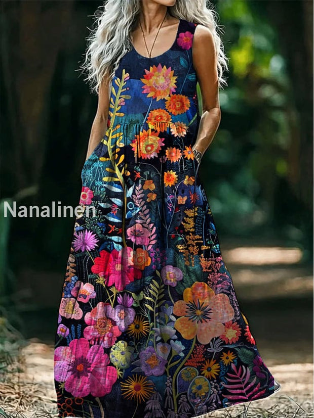 Retro Boho Floral Art Print Round Neck Sleeveless Cotton Pocket Dress A / S