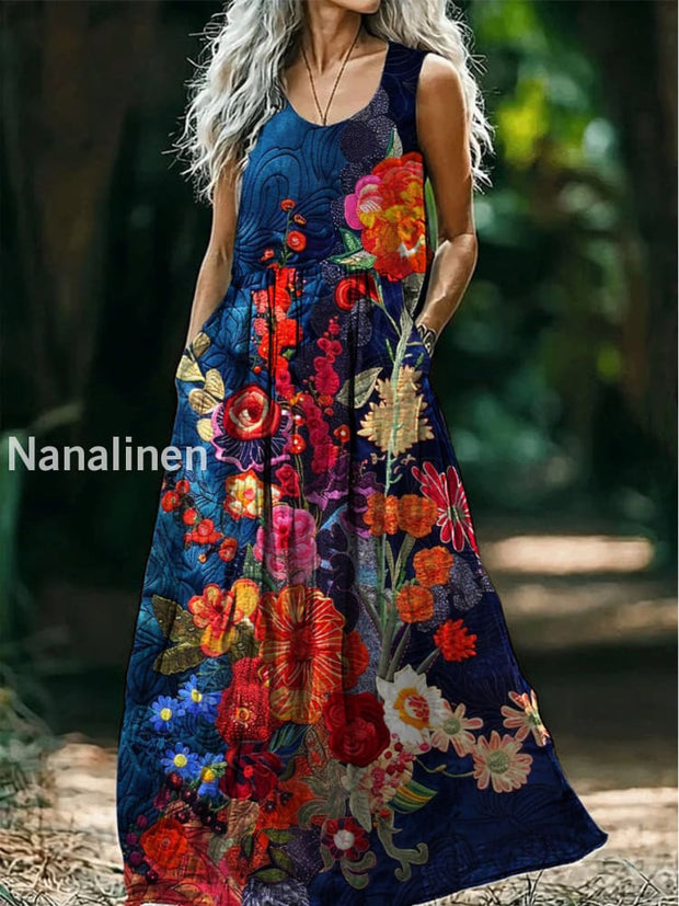 Retro Boho Floral Art Print Round Neck Sleeveless Cotton Pocket Dress A / S