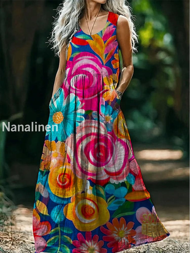 Retro Boho Floral Art Print Round Neck Sleeveless Cotton Pocket Dress A / S