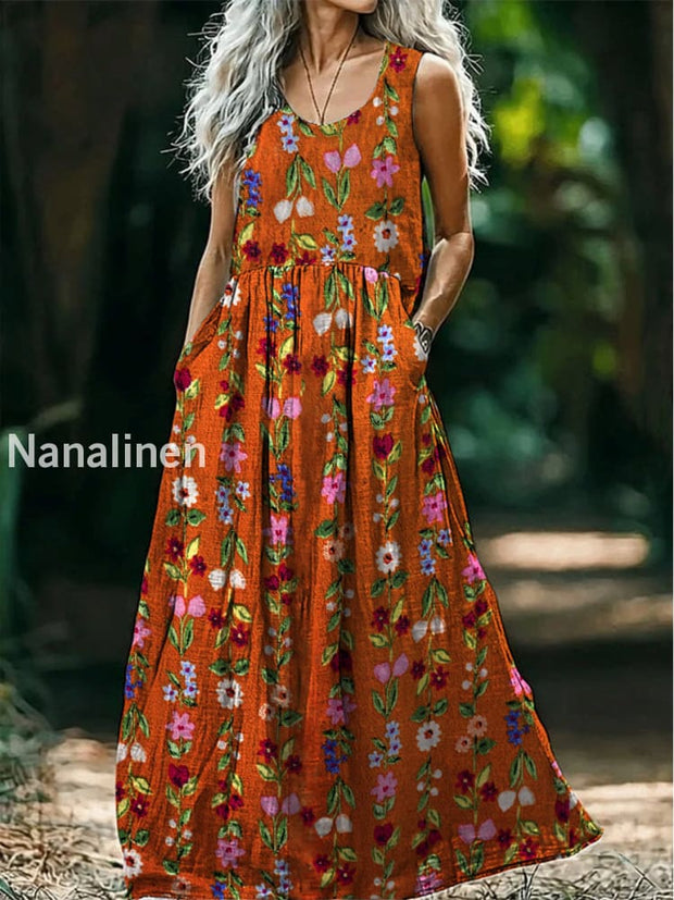 Retro Boho Floral Art Print Round Neck Sleeveless Cotton Pocket Dresses A / S