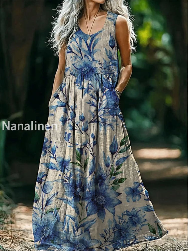 Retro Boho Floral Art Print Round Neck Sleeveless Cotton Pocket Dresses A / S