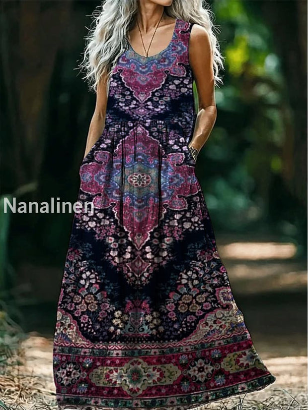 Retro Boho Floral Art Print Round Neck Sleeveless Cotton Pocket Dresses A / S