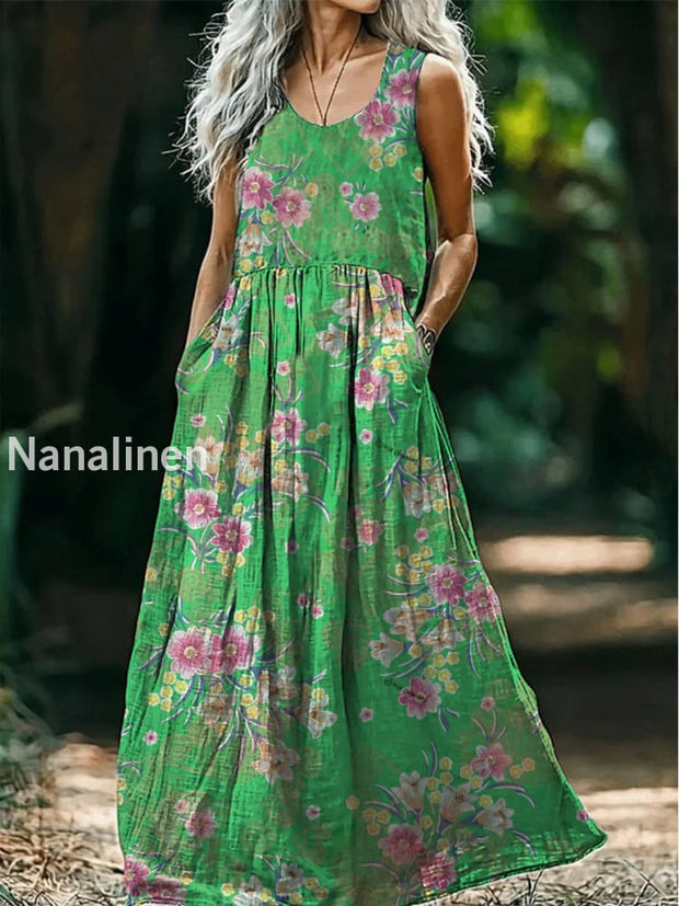 Retro Boho Floral Art Print Round Neck Sleeveless Cotton Pocket Dresses A / S