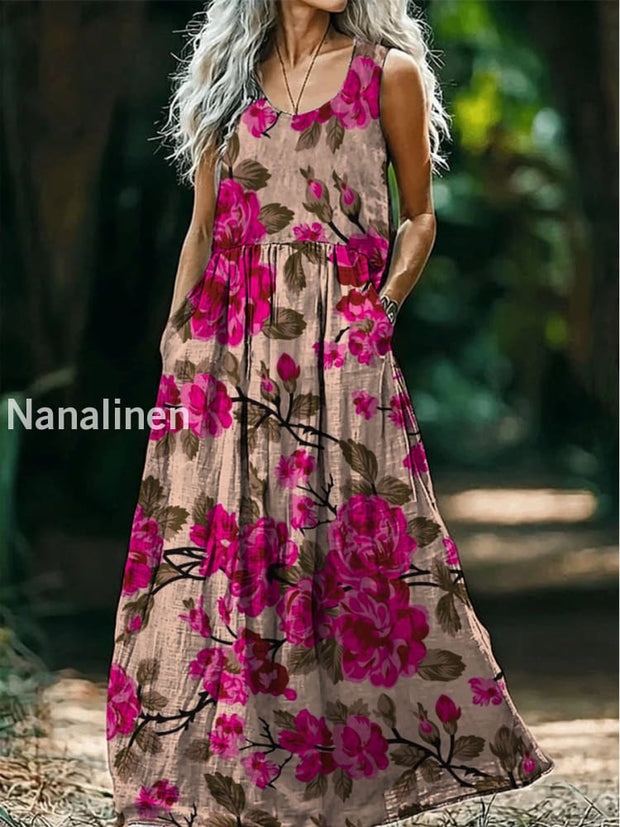 Retro Boho Floral Art Print Round Neck Sleeveless Cotton Pocket Dresses A / S