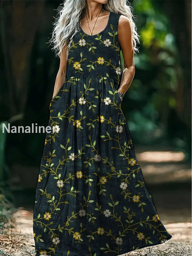 Retro Boho Floral Art Print Round Neck Sleeveless Cotton Pocket Dresses A / S