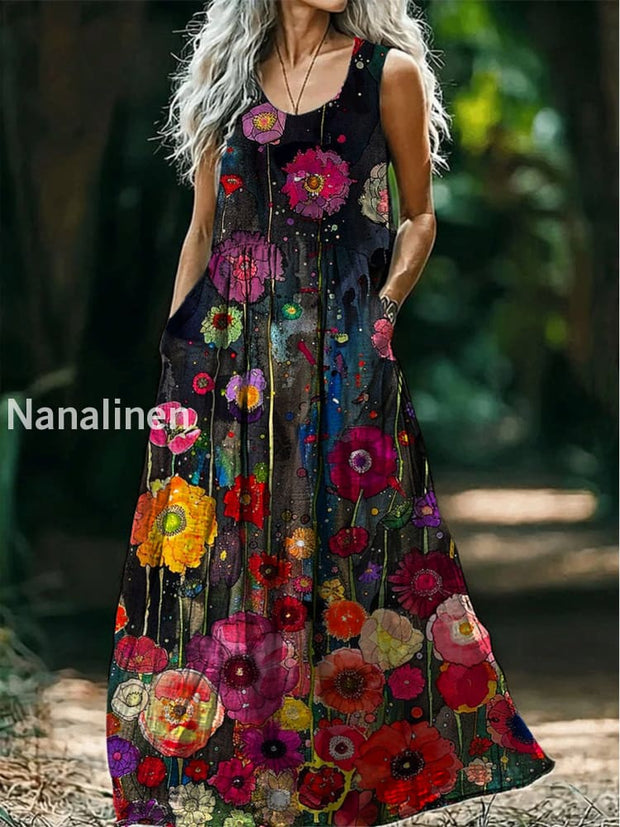 Retro Boho Floral Art Print Round Neck Sleeveless Cotton Pocket Dresses A / S