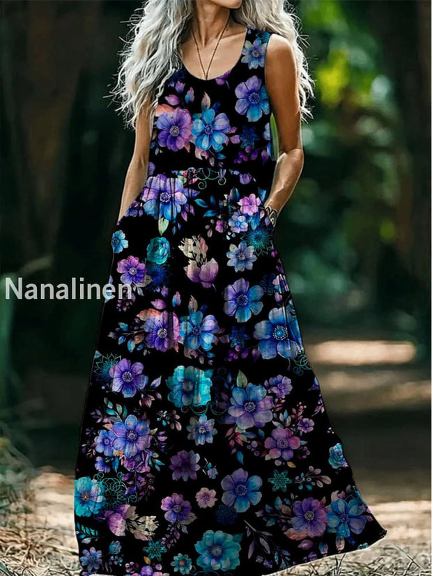 Retro Boho Floral Art Print Round Neck Sleeveless Cotton Pocket Dresses A / S