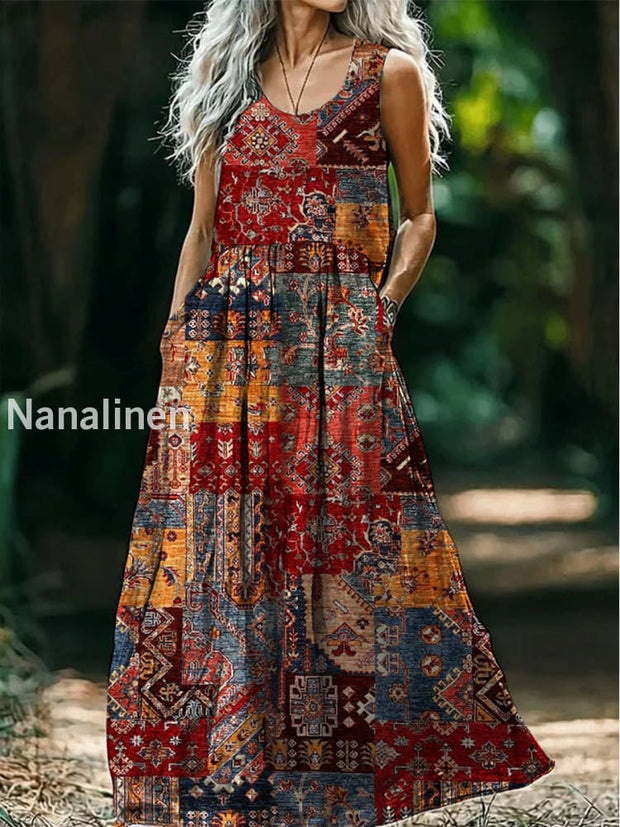 Retro Boho Floral Art Print Round Neck Sleeveless Cotton Pocket Dresses A / S