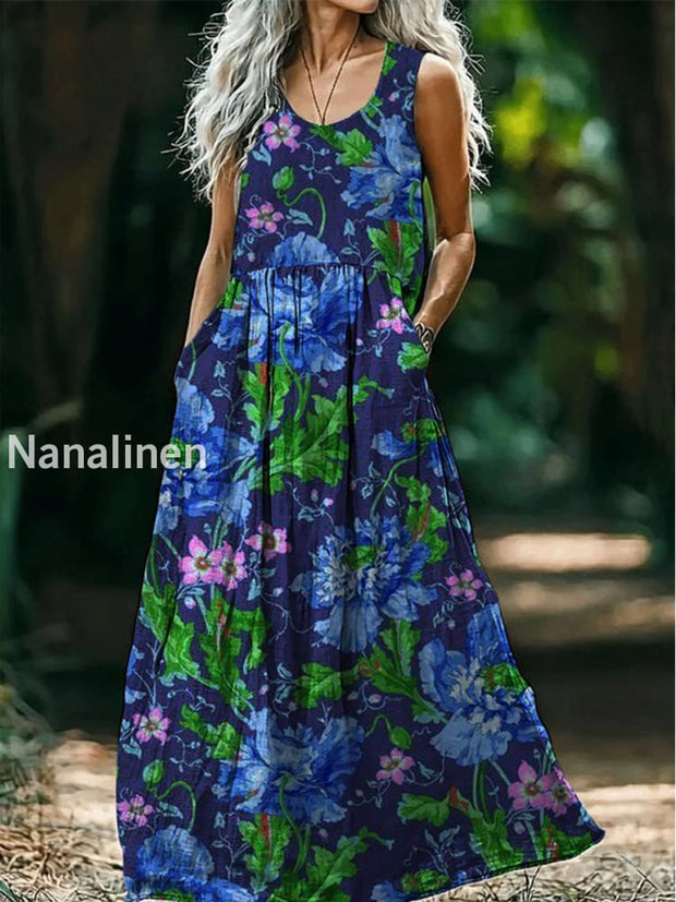 Retro Boho Floral Art Print Round Neck Sleeveless Cotton Pocket Dresses A / S