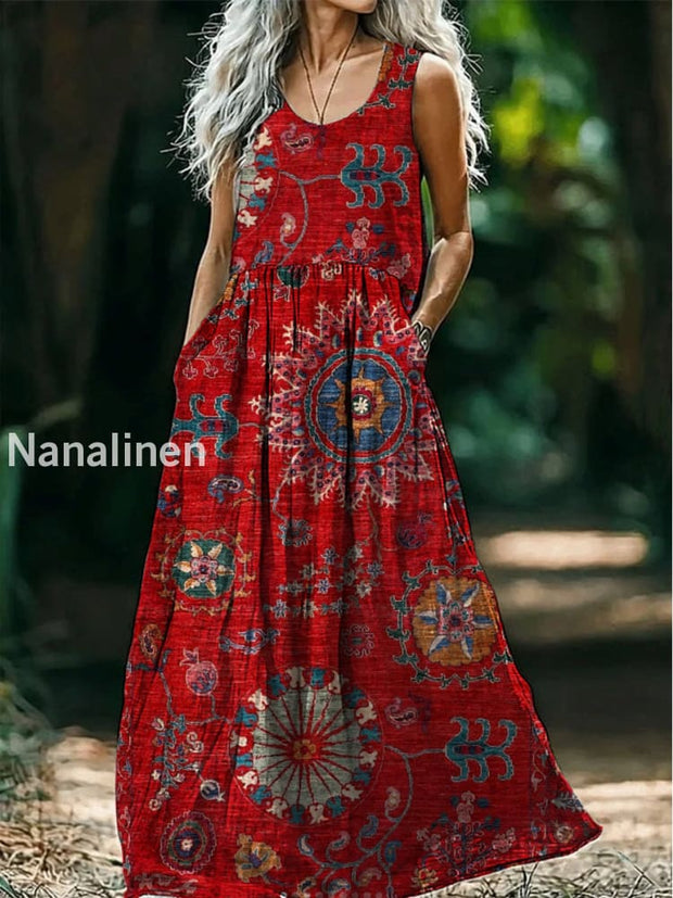 Retro Boho Floral Art Print Round Neck Sleeveless Cotton Pocket Dresses A / S