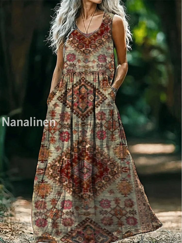 Retro Boho Floral Art Print Round Neck Sleeveless Cotton Pocket Dresses A / S