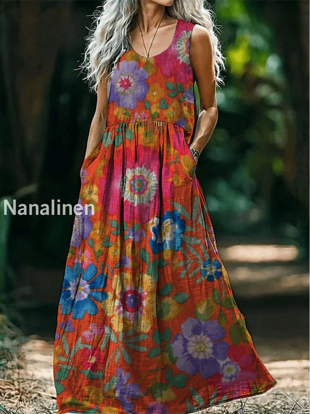 Retro Boho Floral Art Print Round Neck Sleeveless Cotton Pocket Dresses A / S