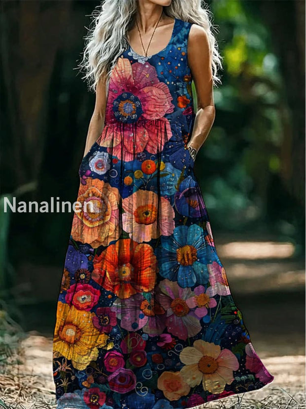 Retro Boho Floral Art Print Round Neck Sleeveless Cotton Pocket Dresses A / S