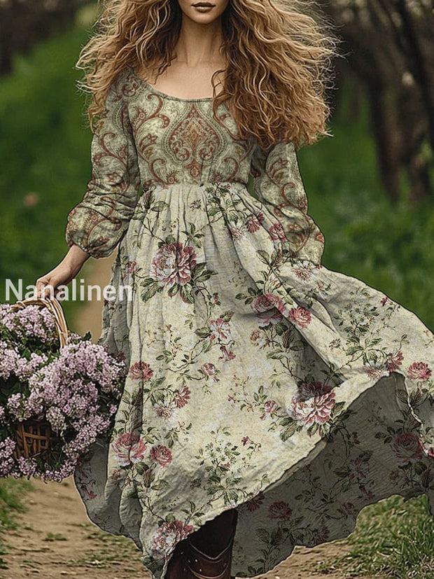 Retro Boho Floral Art Print Vintage Chic Round-Neck Long Sleeve Midi Dress A / S