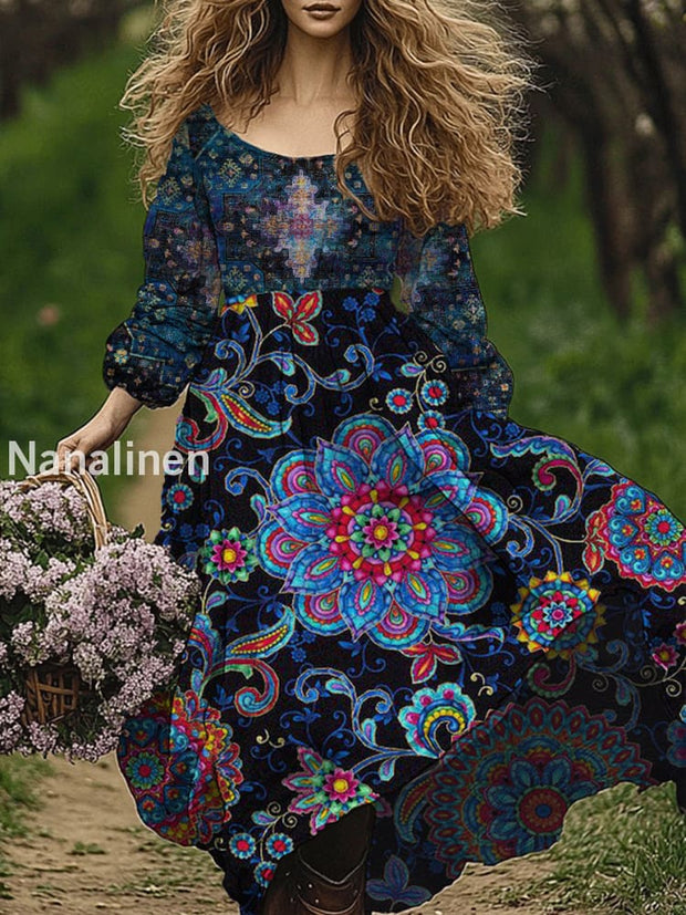 Retro Boho Floral Art Print Vintage Chic Round-Neck Long Sleeve Midi Dress A / S