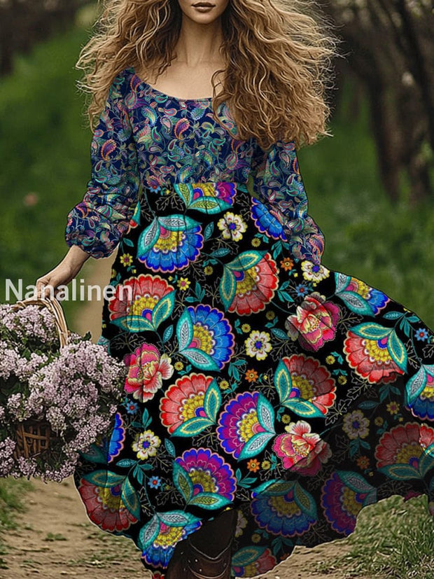 Retro Boho Floral Art Print Vintage Chic Round-Neck Long Sleeve Midi Dress A / S