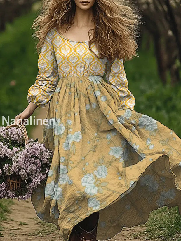 Retro Boho Floral Art Print Vintage Chic Round-Neck Long Sleeve Midi Dress A / S