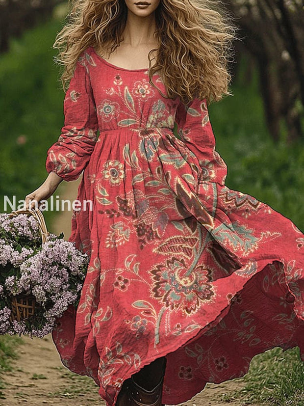 Retro Boho Floral Art Print Vintage Chic Round-Neck Long Sleeve Midi Dress A / S