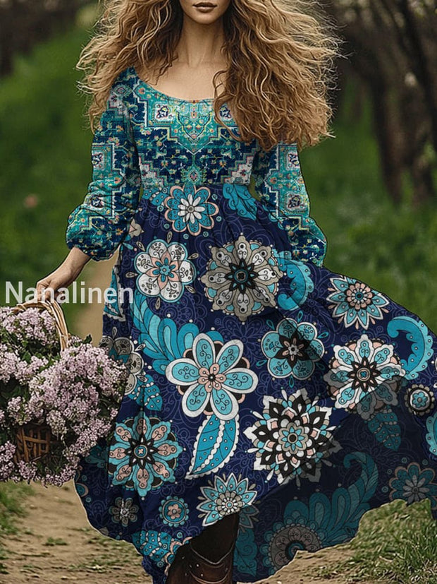 Retro Boho Floral Art Print Vintage Chic Round-Neck Long Sleeve Midi Dress A / S