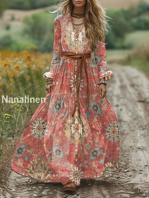 Retro Boho Floral Art Print Vintage Chic V-Neck Ace-Up Bohemian Long Sleeve Midi Dress A / S