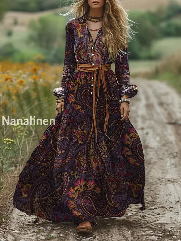 Retro Boho Floral Art Print Vintage Chic V-Neck Ace-Up Bohemian Long Sleeve Midi Dress A / S