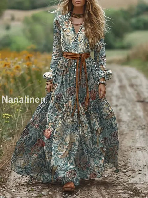 Retro Boho Floral Art Print Vintage Chic V-Neck Ace-Up Bohemian Long Sleeve Midi Dress A / S