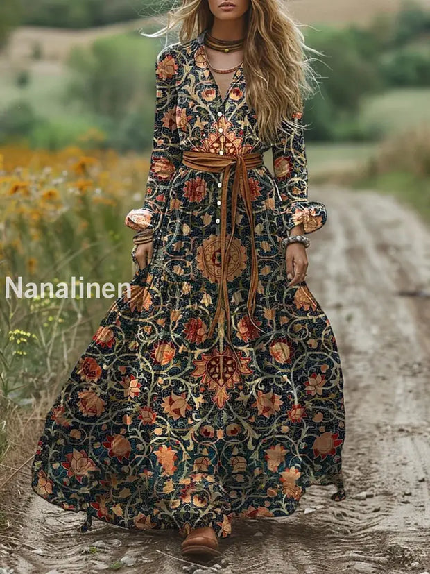 Retro Boho Floral Art Print Vintage Chic V-Neck Ace-Up Bohemian Long Sleeve Midi Dress A / S