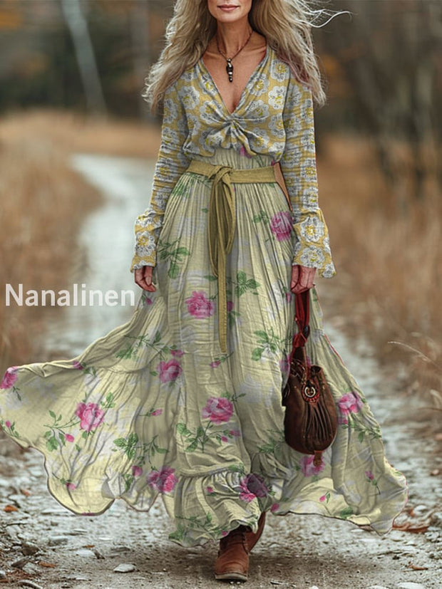 Retro Boho Floral Art Print Vintage Chic V-Neck Belt Bohemian Long Sleeve Midi Dress A / S