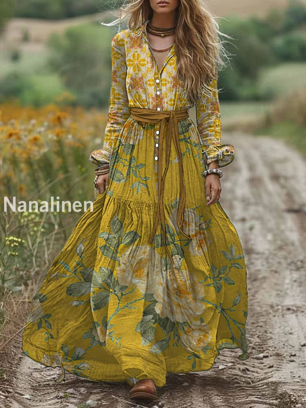 Retro Boho Floral Art Print Vintage Chic V-Neck Belt Elegan Long Sleeve Midi Dress A / S