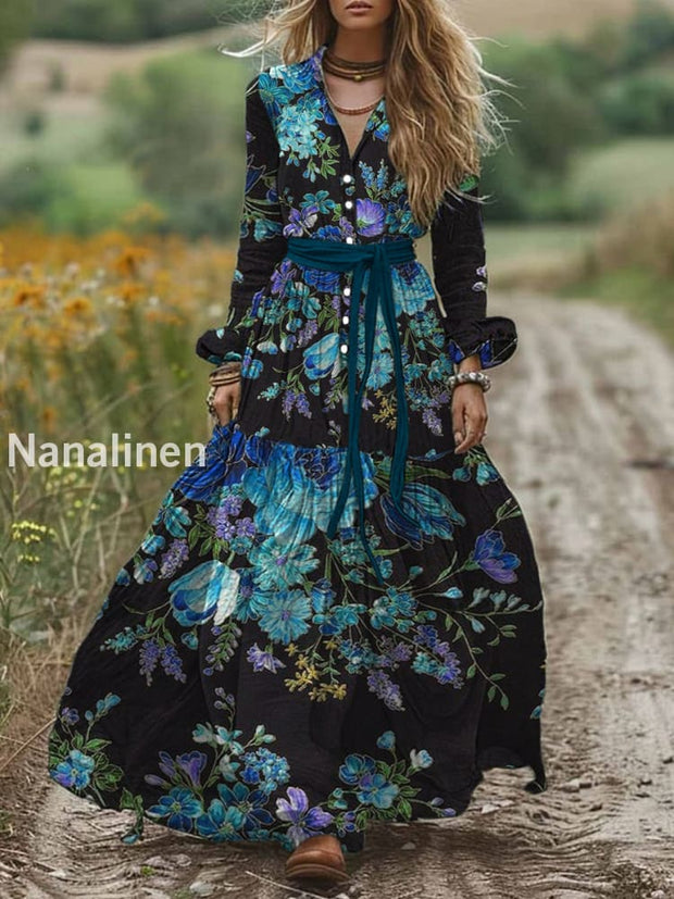 Retro Boho Floral Art Print Vintage Chic V-Neck Belt Elegan Long Sleeve Midi Dress A / S